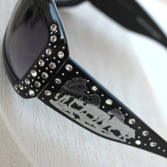 Silver Dashing Horses Sunglasses in Black w/Rhinestone Accents